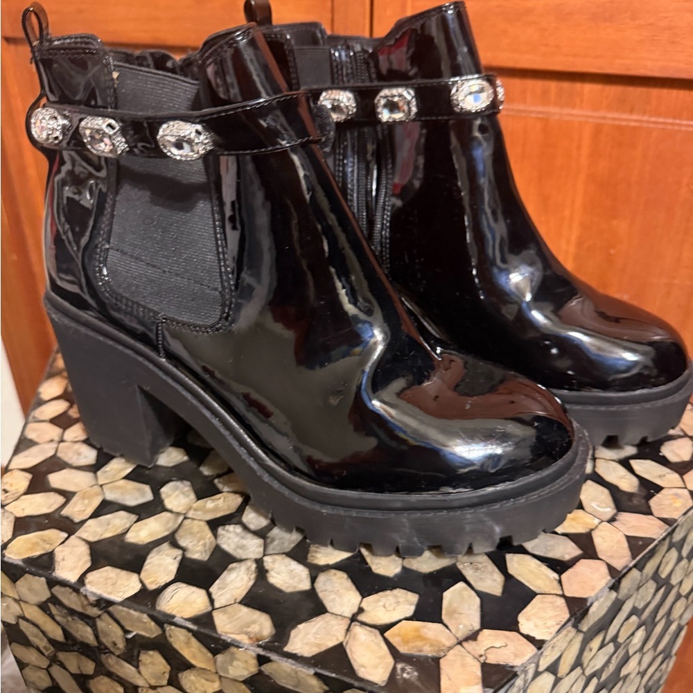 Torrid Glossy Black Ankle Boots with Gem Accents